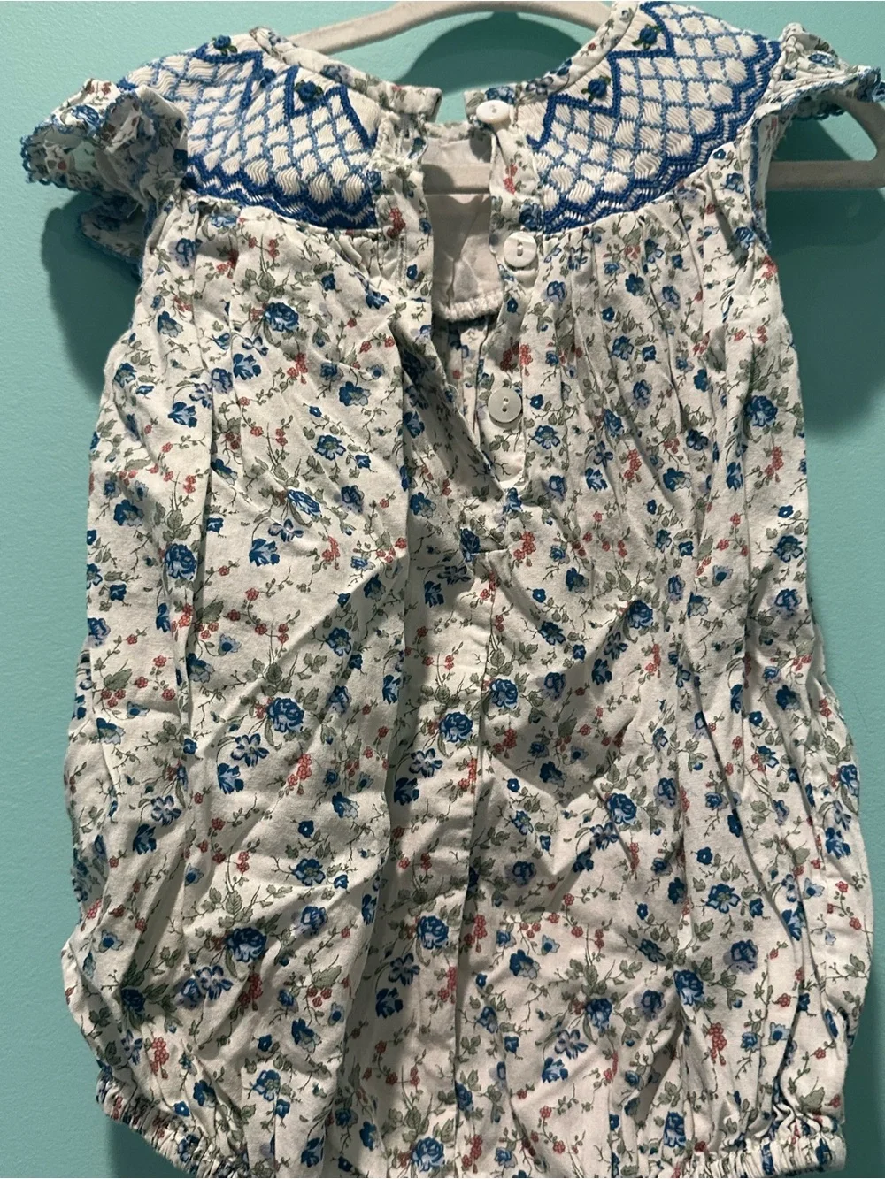 Blue Floral Smocked Baby One-Piece Romper
